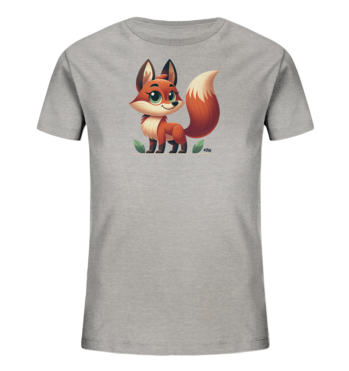 Onlineshop Shirts fuer Kinder - Das Bild zeigt ein graues Kinder-T-Shirt mit einem niedlichen Fuchsmotiv auf der Vorderseite. Der Fuchs ist im Cartoon-Stil gezeichnet, steht aufrecht und hat grosse gruene Augen sowie einen buschigen Schwanz. Um den Fuchs herum sind gruene Blaetter abgebildet. Das Design wirkt freundlich und verspielt.