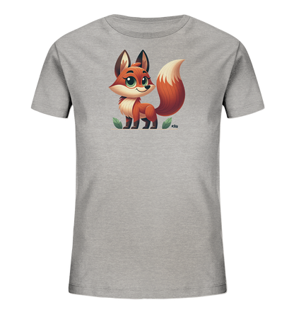 Onlineshop Shirts fuer Kinder - Das Bild zeigt ein graues Kinder-T-Shirt mit einem niedlichen Fuchsmotiv auf der Vorderseite. Der Fuchs ist im Cartoon-Stil gezeichnet, steht aufrecht und hat grosse gruene Augen sowie einen buschigen Schwanz. Um den Fuchs herum sind gruene Blaetter abgebildet. Das Design wirkt freundlich und verspielt.