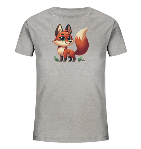 Onlineshop Shirts fuer Kinder - Das Bild zeigt ein graues Kinder-T-Shirt mit einem niedlichen Fuchsmotiv auf der Vorderseite. Der Fuchs ist im Cartoon-Stil gezeichnet, steht aufrecht und hat grosse gruene Augen sowie einen buschigen Schwanz. Um den Fuchs herum sind gruene Blaetter abgebildet. Das Design wirkt freundlich und verspielt.