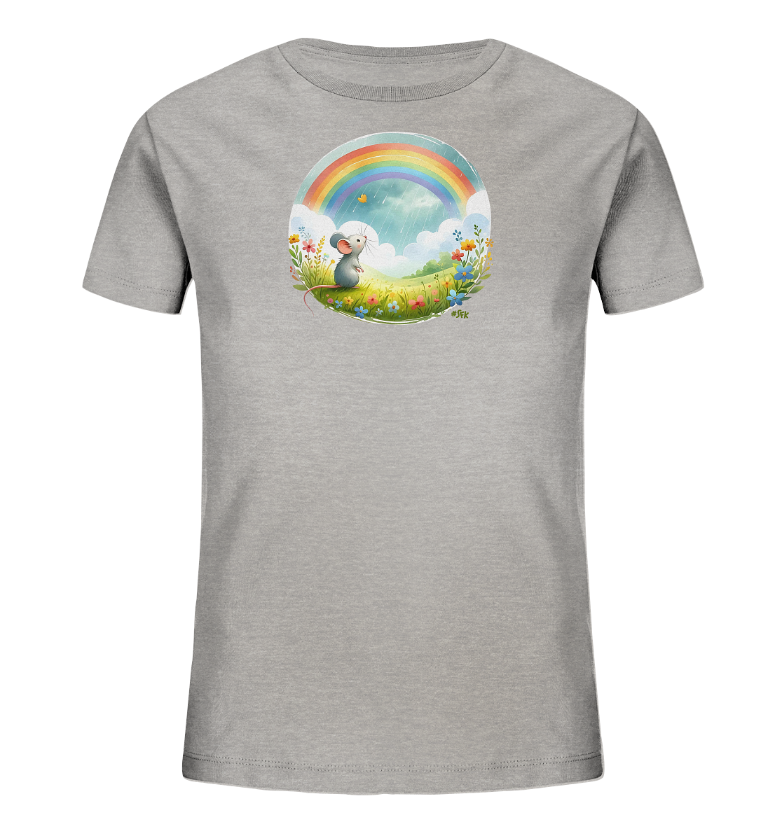 Onlineshop Shirts fuer Kinder - Das Bild zeigt ein graues Kinder-T-Shirt mit einer runden Grafik auf der Vorderseite. Die Grafik zeigt eine niedliche Maus in einem farbenfrohen Blumenfeld unter einem Regenbogen und bewoelktem Himmel. Ein Schmetterling fliegt in der Naehe der Maus. Das Design wirkt froehlich und naturverbunden.