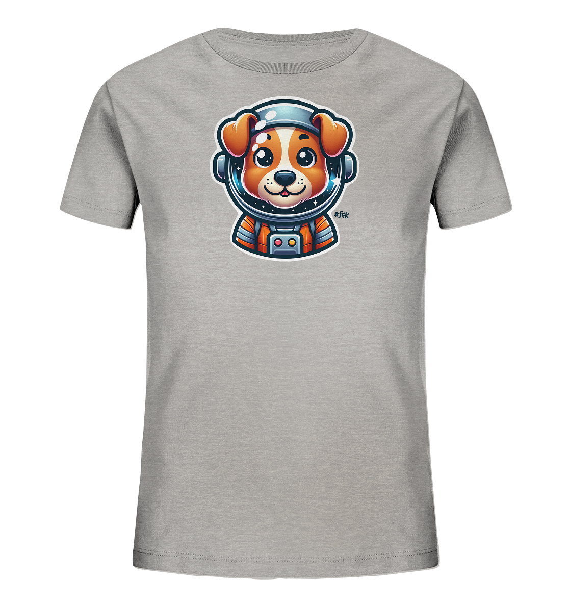 Onlineshop Shirts fuer Kinder - Das Bild zeigt ein graues Kinder-T-Shirt mit einem niedlichen Aufdruck eines Hundes im Astronautenanzug. Der Hund traegt einen glaenzenden Helm und einen orange-blauen Weltraumanzug. Sein freundliches Gesicht schaut durch das Visier, umgeben von kleinen Sternen. Das Design ist farbenfroh und verspielt, ideal fuer kleine Raumfahrtfans.