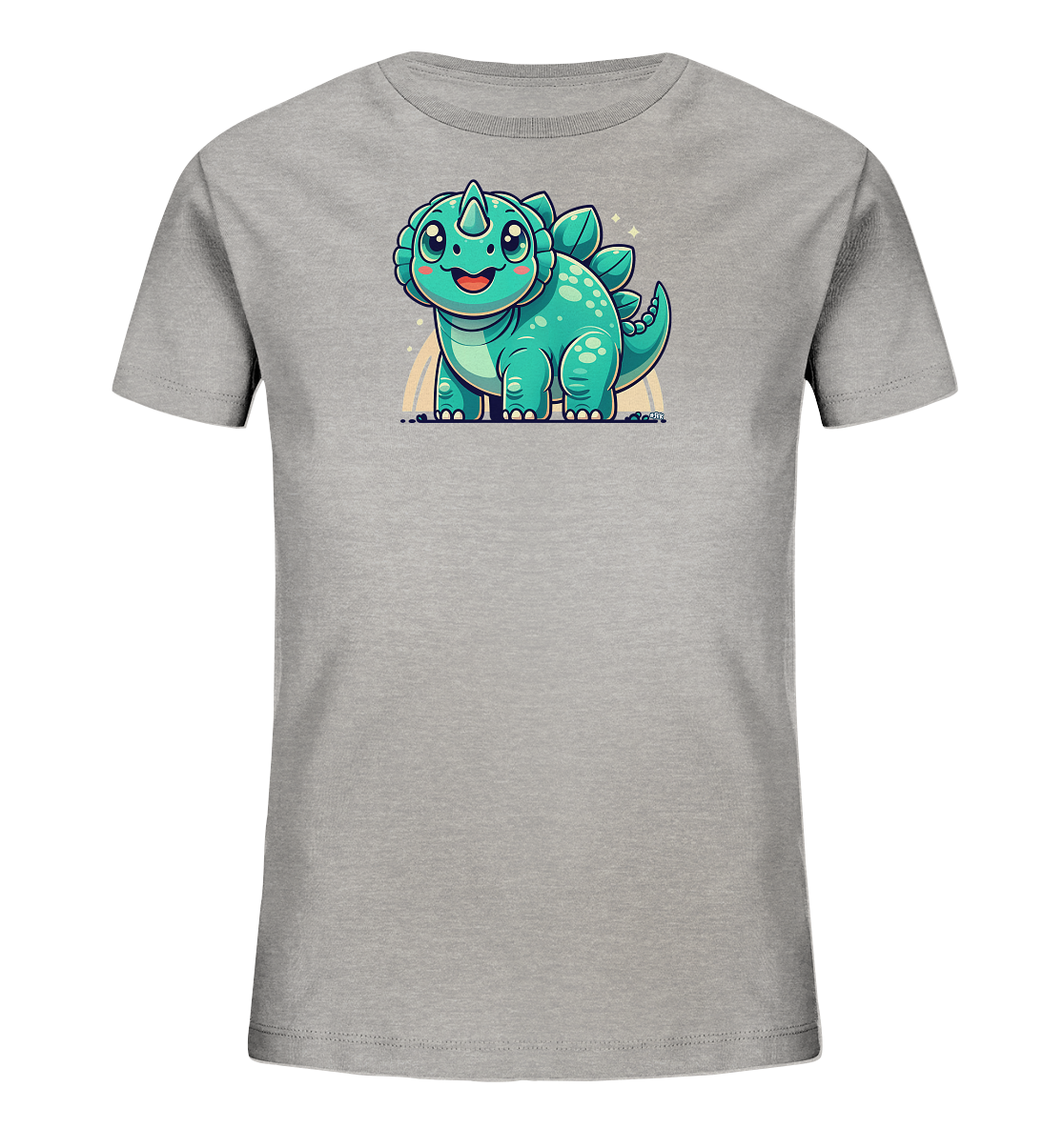 Onlineshop Shirts fuer Kinder - Das Bild zeigt ein graues Kinder-T-Shirt mit einem niedlichen, cartoonhaften Dinosaurier-Motiv in Tuerkisgruen auf der Vorderseite. Der freundlich laechelnde Dinosaurier steht vor einem kleinen Regenbogen und ist detailliert gestaltet. Das Design wirkt farbenfroh und verspielt.