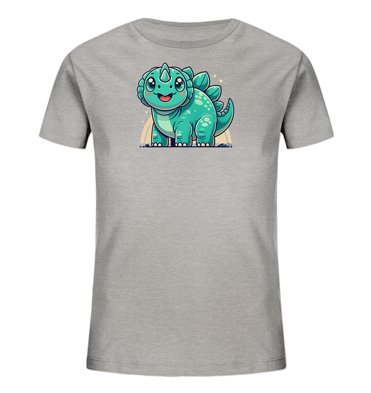 Onlineshop Shirts fuer Kinder - Das Bild zeigt ein graues Kinder-T-Shirt mit einem niedlichen, cartoonhaften Dinosaurier-Motiv in Tuerkisgruen auf der Vorderseite. Der freundlich laechelnde Dinosaurier steht vor einem kleinen Regenbogen und ist detailliert gestaltet. Das Design wirkt farbenfroh und verspielt.