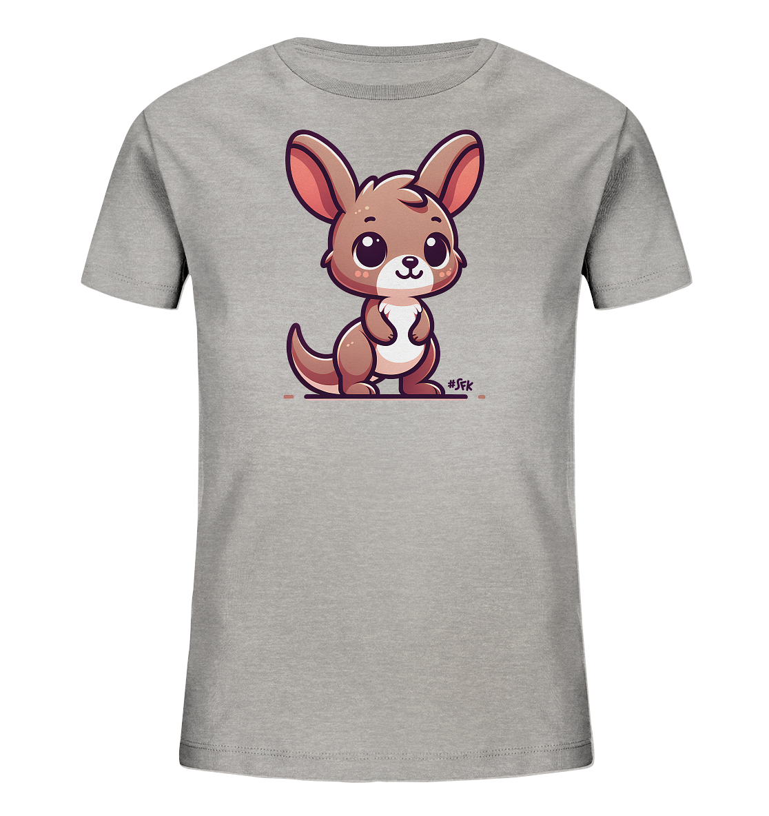 Onlineshop Shirts fuer Kinder - Das Bild zeigt ein hellgraues T-Shirt fuer Kinder mit einem niedlichen Cartoon-Kaenguru. Das braune Kaenguru hat rosa Ohren und grosse Augen und steht aufrecht auf einer angedeuteten Linie. Dieses verspielte Design ist ansprechend gestaltet.