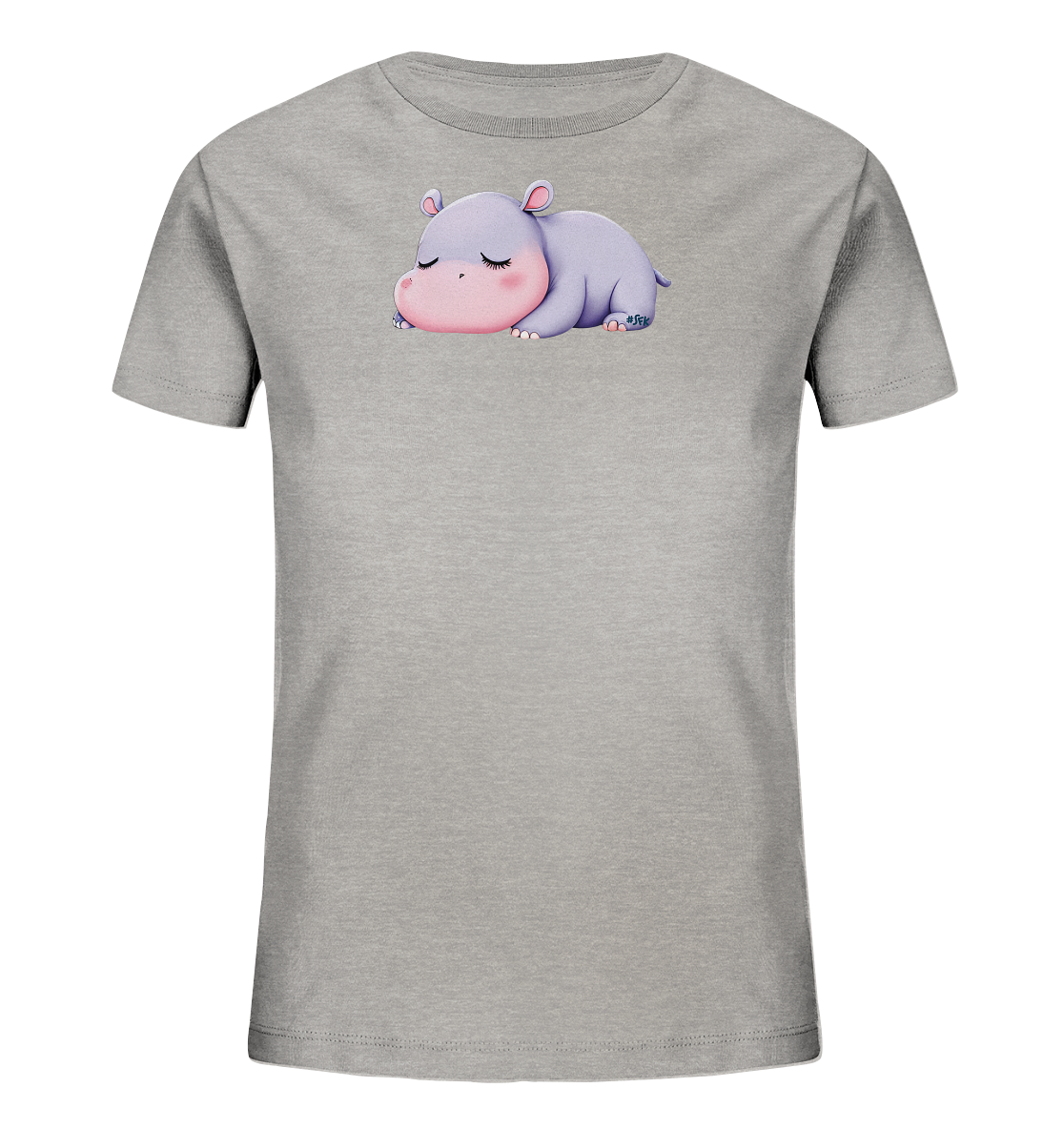 Onlineshop Shirts fuer Kinder - Das Bild zeigt ein hellgraues T-Shirt fuer Kinder. Auf der Vorderseite ist eine suesse, schlafende Nilpferd-Illustration zu sehen. Das Nilpferd ist in zarten Lila- und Rosatoenen gehalten und liegt friedlich da. Dieses Design verleiht dem Shirt einen ruhigen und niedlichen Charakter.