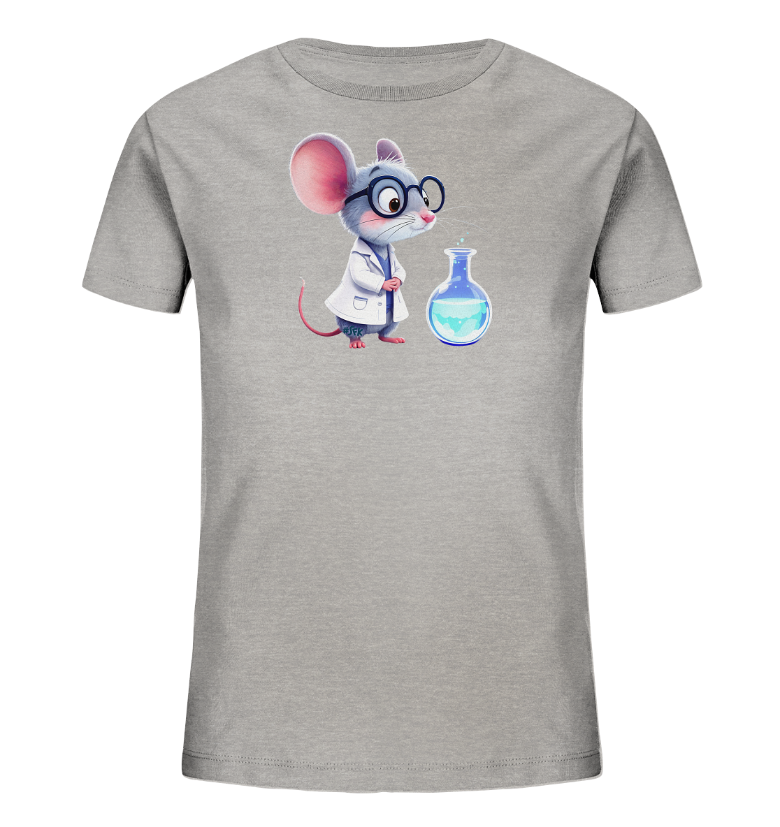 Onlineshop Shirts fuer Kinder - Das Bild zeigt ein graues T-Shirt fuer Kinder mit einer charmanten Illustration einer Maus. Die Maus traegt eine Brille und einen weissen Laborkittel, was ihr das Aussehen eines kleinen Wissenschaftlers verleiht. Daneben steht ein Reagenzglas mit blauer Fluessigkeit und einem Wassertropfen. Das Design ist verspielt und ideal fuer kleine Entdecker.