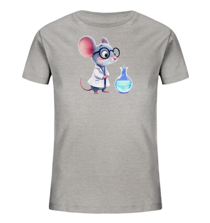 Onlineshop Shirts fuer Kinder - Das Bild zeigt ein graues T-Shirt fuer Kinder mit einer charmanten Illustration einer Maus. Die Maus traegt eine Brille und einen weissen Laborkittel, was ihr das Aussehen eines kleinen Wissenschaftlers verleiht. Daneben steht ein Reagenzglas mit blauer Fluessigkeit und einem Wassertropfen. Das Design ist verspielt und ideal fuer kleine Entdecker.