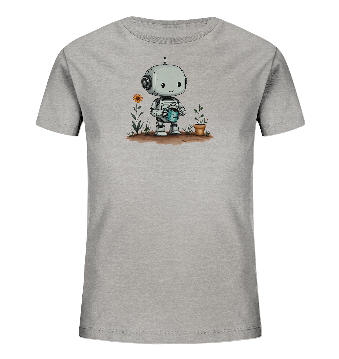 Onlineshop Shirts für Kinder - Das Bild zeigt ein hellgraues Kinder-T-Shirt mit einem aufgedruckten Motiv auf der Vorderseite. Das Motiv stellt einen kleinen, freundlich lächelnden Roboter dar, der eine blaue Gießkanne hält. Neben dem Roboter wächst eine einzelne, orangefarbene Blume aus dem Boden sowie eine kleine Topfpflanze. Der Hintergrund des Motivs simuliert braune Erde, was dem Design einen natürlichen Touch verleiht.