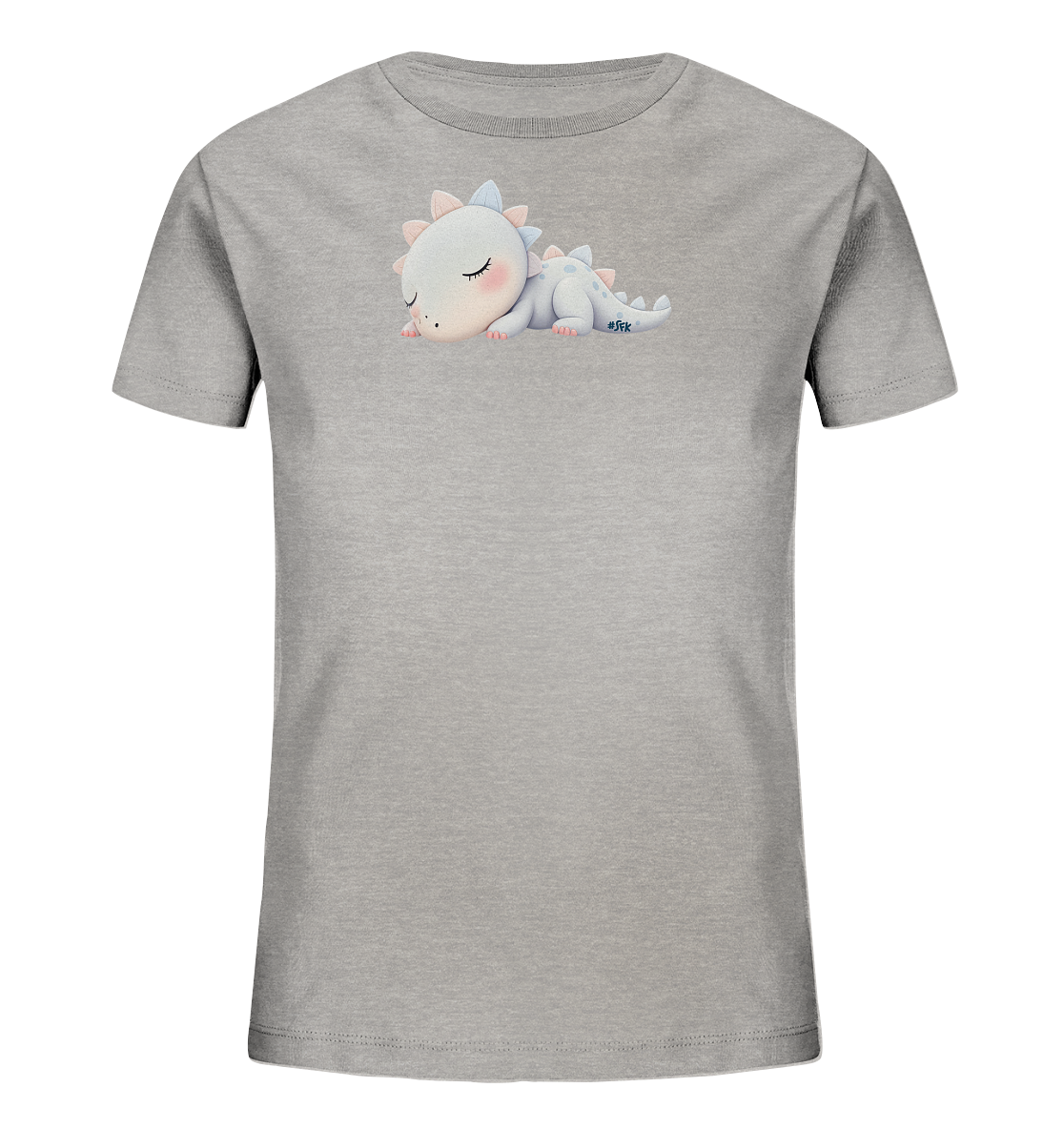Onlineshop Shirts fuer Kinder - Das Bild zeigt ein hellgraues Kinder-T-Shirt mit einem suessen Druck auf der Brust. Der Druck stellt einen friedlich schlafenden Baby-Dinosaurier in sanften Hellblau- und Rosatoenen dar. Der Dino liegt auf dem Bauch, hat geschlossene Augen und wirkt sehr niedlich. Das Design verleiht dem T-Shirt einen beruhigenden und kinderfreundlichen Charakter.
