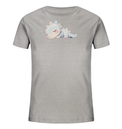 Onlineshop Shirts fuer Kinder - Das Bild zeigt ein hellgraues Kinder-T-Shirt mit einem suessen Druck auf der Brust. Der Druck stellt einen friedlich schlafenden Baby-Dinosaurier in sanften Hellblau- und Rosatoenen dar. Der Dino liegt auf dem Bauch, hat geschlossene Augen und wirkt sehr niedlich. Das Design verleiht dem T-Shirt einen beruhigenden und kinderfreundlichen Charakter.