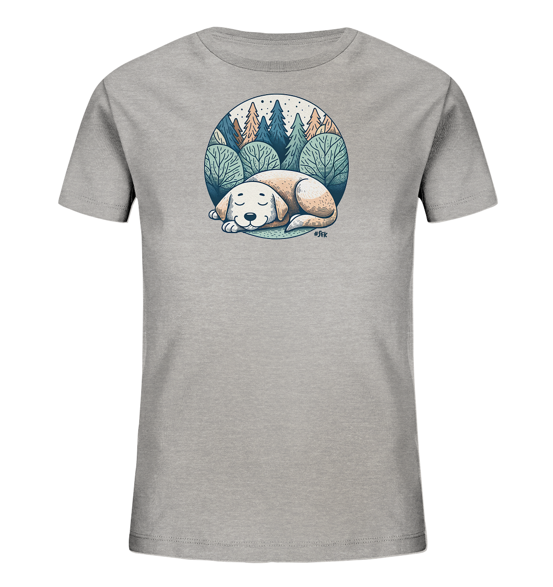 Onlineshop Shirts fuer Kinder - Das Bild zeigt ein graues T-Shirt fuer Kinder mit einer runden Illustration auf der Vorderseite. Die Grafik zeigt einen schlafenden Hund liegend vor einem Hintergrund mit Baeumen und einem Sternenhimmel. Die Farbgebung ist gedaempft und die Illustration ist im Stil einer Zeichnung gehalten. Das Motiv strahlt Ruhe und Naturverbundenheit aus.
