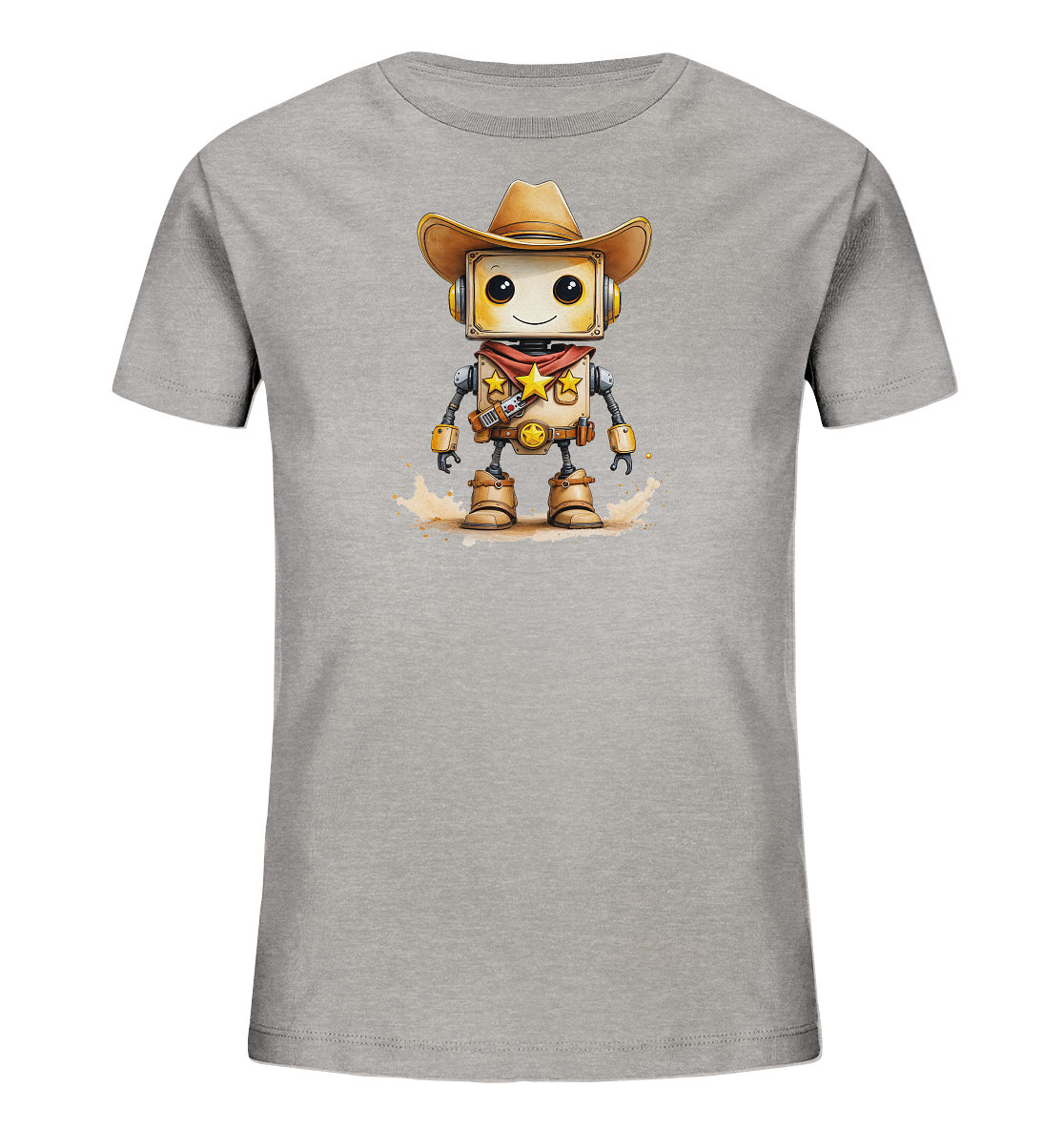 Onlineshop Shirts für Kinder - Dieses graue T-Shirt für Kinder zeigt eine detailreiche Grafik eines cartoonhaften Roboters im Cowboy-Stil. Der Roboter trägt einen Cowboyhut, ein rotes Halstuch und Stiefel, ergänzt durch zwei Sheriff-Sterne auf der Brust. Sein Bildschirmgesicht zeigt ein freundliches Lächeln, und er ist mit Kopfhörern ausgestattet. Das Design wird durch einen angedeuteten staubigen Boden und Farbkleckse abgerundet, was dem Motiv einen dynamischen und verspielten Touch verleiht.