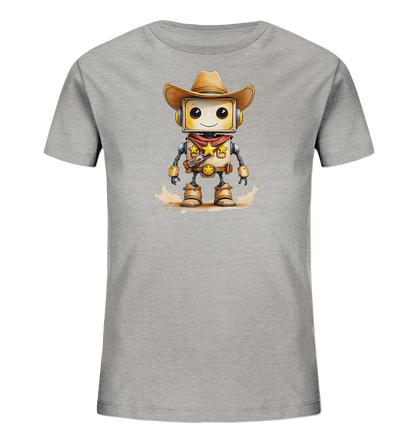 Onlineshop Shirts für Kinder - Dieses graue T-Shirt für Kinder zeigt eine detailreiche Grafik eines cartoonhaften Roboters im Cowboy-Stil. Der Roboter trägt einen Cowboyhut, ein rotes Halstuch und Stiefel, ergänzt durch zwei Sheriff-Sterne auf der Brust. Sein Bildschirmgesicht zeigt ein freundliches Lächeln, und er ist mit Kopfhörern ausgestattet. Das Design wird durch einen angedeuteten staubigen Boden und Farbkleckse abgerundet, was dem Motiv einen dynamischen und verspielten Touch verleiht.