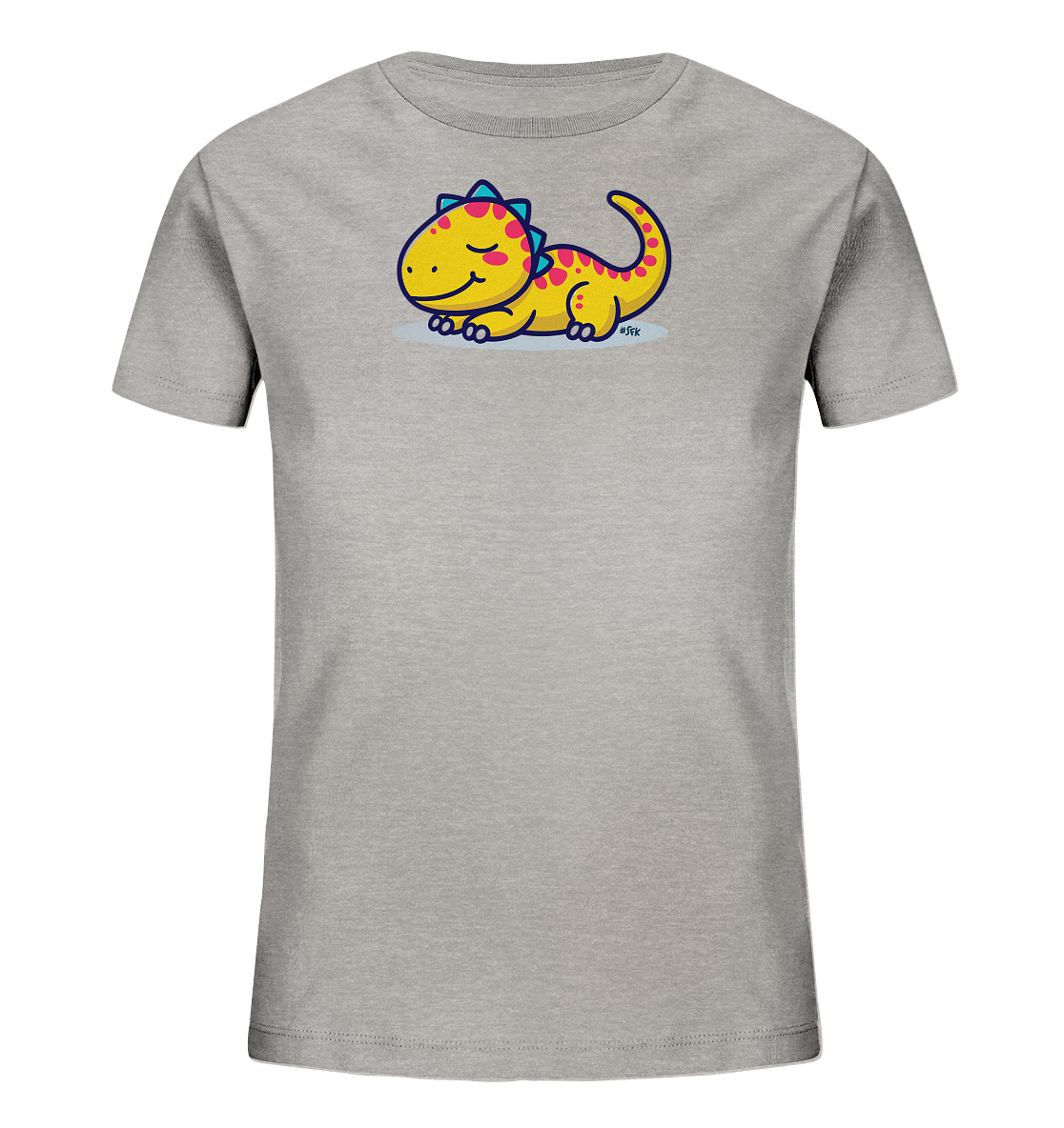 Onlineshop Shirts fuer Kinder - Das Bild zeigt ein hellgraues Kinder-T-Shirt. Auf der Vorderseite befindet sich eine niedliche, gelbe Cartoon-Dinosaurier-Illustration. Der Dino hat pinke Punkte und blaue Zacken, liegt entspannt da und hat einen freundlichen Ausdruck. Das Design verleiht dem Shirt einen verspielten und charmanten Charakter.