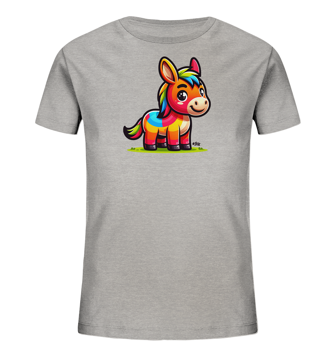 Onlineshop Shirts fuer Kinder - Das Bild zeigt ein graues Kinder T-Shirt mit einem farbenfrohen Comic-Esel-Motiv auf der Vorderseite. Der Esel steht auf einer kleinen gruenen Flaeche und ist in leuchtenden Farben wie Rot, Gelb, Blau und Gruen gestaltet. Das freundliche Tier hat grosse Augen und eine bunte Maehne und Schwanzspitze. Das Design wirkt froehlich und verspielt.