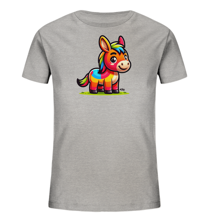 Onlineshop Shirts fuer Kinder - Das Bild zeigt ein graues Kinder T-Shirt mit einem farbenfrohen Comic-Esel-Motiv auf der Vorderseite. Der Esel steht auf einer kleinen gruenen Flaeche und ist in leuchtenden Farben wie Rot, Gelb, Blau und Gruen gestaltet. Das freundliche Tier hat grosse Augen und eine bunte Maehne und Schwanzspitze. Das Design wirkt froehlich und verspielt.