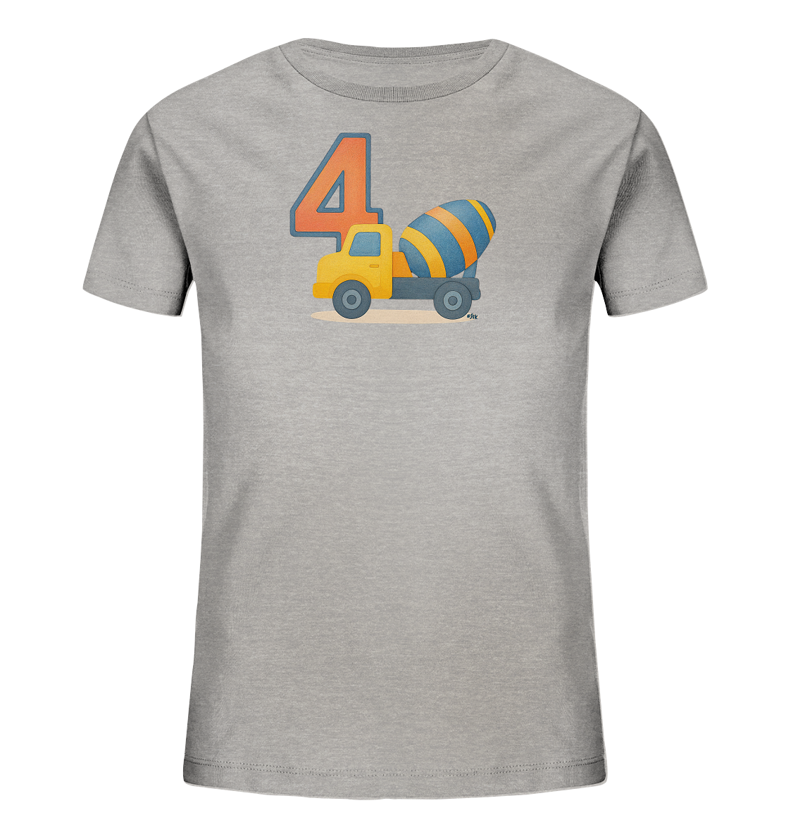 Onlineshop Shirts fuer Kinder - Das graue Kinder-T-Shirt zeigt eine grosse, orangefarbene Zahl 4 mit blauem Rand. Daneben ist ein gelber Betonmischer mit einem blau-orange gestreiften Trommel abgebildet. Das Design wirkt durch den Baustellenbezug robust und verspielt.