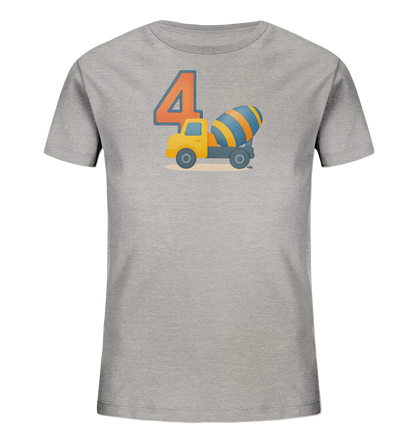 Onlineshop Shirts fuer Kinder - Das graue Kinder-T-Shirt zeigt eine grosse, orangefarbene Zahl 4 mit blauem Rand. Daneben ist ein gelber Betonmischer mit einem blau-orange gestreiften Trommel abgebildet. Das Design wirkt durch den Baustellenbezug robust und verspielt.