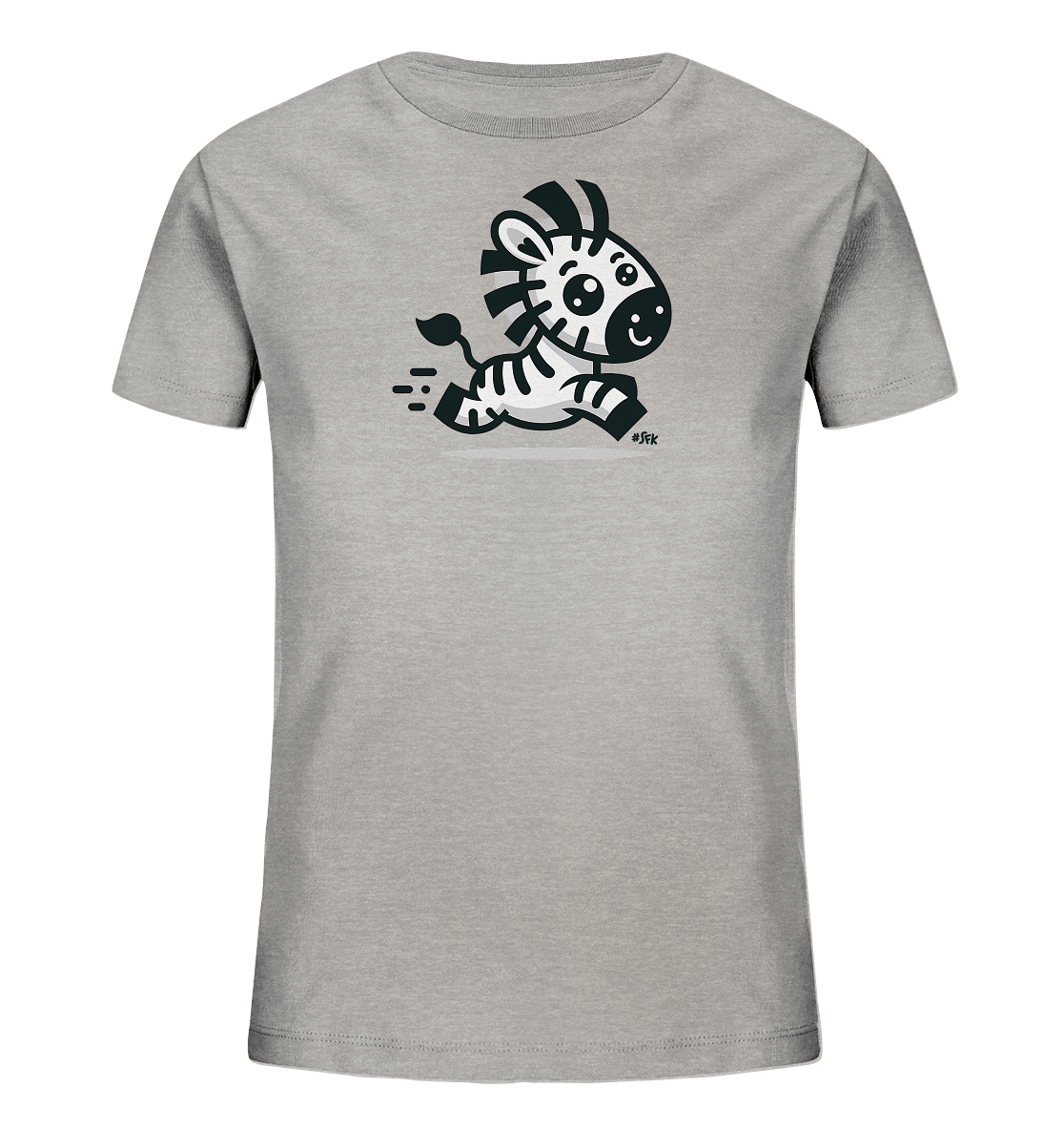 Onlineshop Shirts fuer Kinder - Das Bild zeigt ein hellgraues Kinder-T-Shirt mit einer niedlichen Zeichentrick-Illustration. Darauf ist ein rennendes Zebra abgebildet. Das Zebra hat grosse Augen und einen freundlichen Ausdruck, und Linien deuten seine Bewegung an. Das Design ist einfach und ansprechend fuer Kinder.