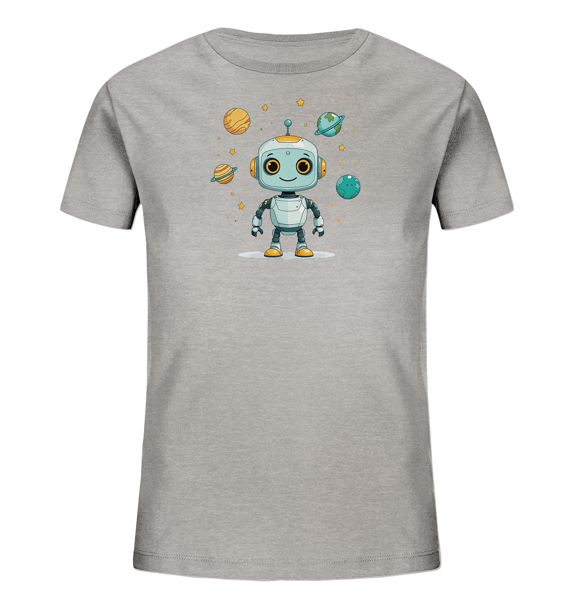 Onlineshop Shirts für Kinder - Dieses Bild zeigt ein graues Kinder-T-Shirt mit einem farbenfrohen Aufdruck auf der Vorderseite. Der Druck präsentiert einen freundlichen, weiß-blauen Cartoon-Roboter mit gelben Augen und Füßen. Um den Roboter herum sind verschiedene Planeten in unterschiedlichen Farben sowie kleine gelbe Sterne dargestellt. Das Design hat ein verspieltes Weltraum-Thema und wirkt kindgerecht und ansprechend.