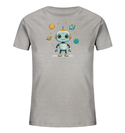 Onlineshop Shirts für Kinder - Dieses Bild zeigt ein graues Kinder-T-Shirt mit einem farbenfrohen Aufdruck auf der Vorderseite. Der Druck präsentiert einen freundlichen, weiß-blauen Cartoon-Roboter mit gelben Augen und Füßen. Um den Roboter herum sind verschiedene Planeten in unterschiedlichen Farben sowie kleine gelbe Sterne dargestellt. Das Design hat ein verspieltes Weltraum-Thema und wirkt kindgerecht und ansprechend.