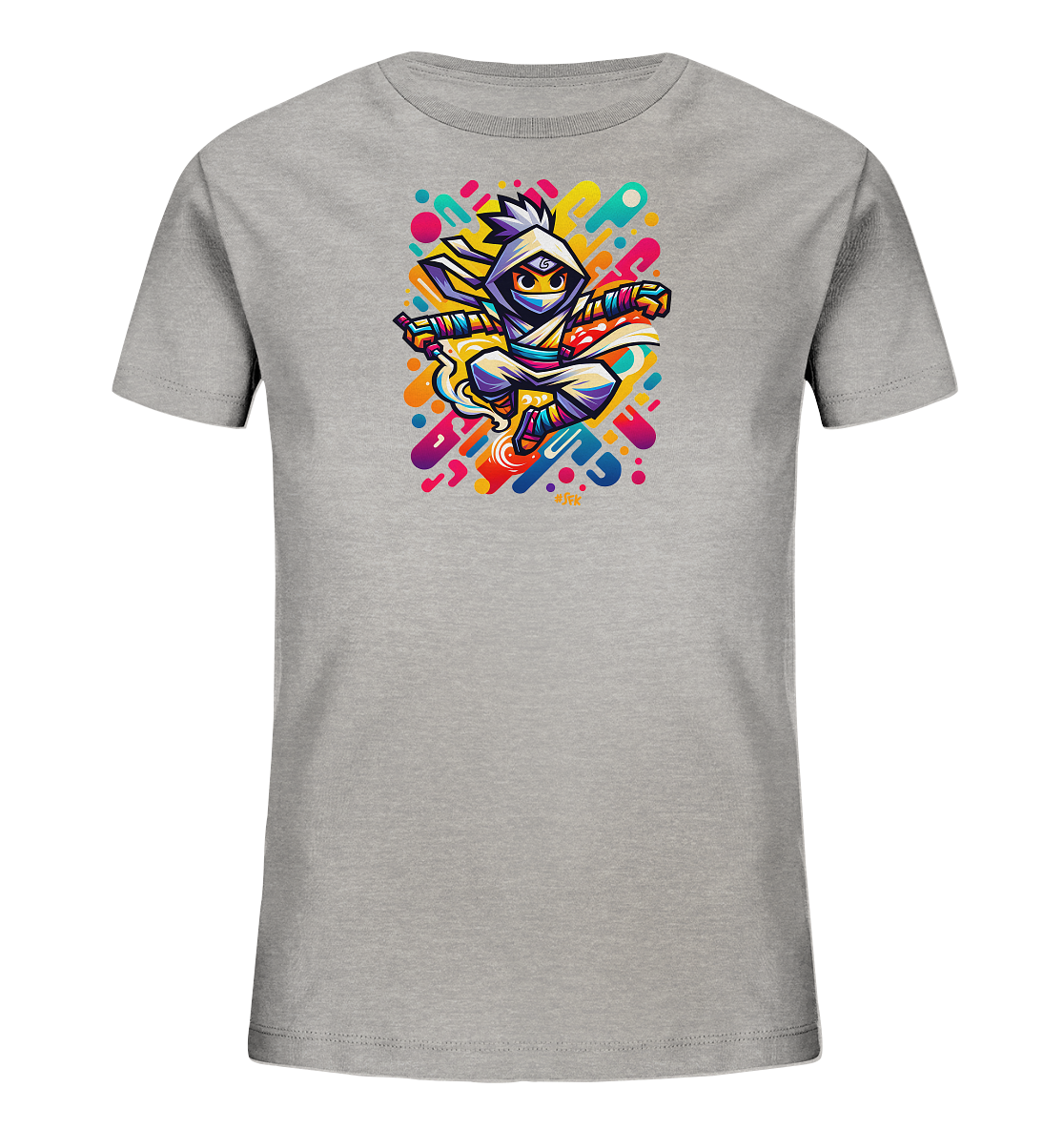 Onlineshop Shirts fuer Kinder - Das graue Kinder-T-Shirt ist mit einem farbenfrohen Comic-Ninja-Motiv bedruckt. Der Ninja wird in einer dynamischen Sprungpose dargestellt und ist von abstrakten, bunten Formen umgeben. Das lebhafte Design verleiht dem Shirt einen verspielten und energiegeladenen Look fuer Kinder.