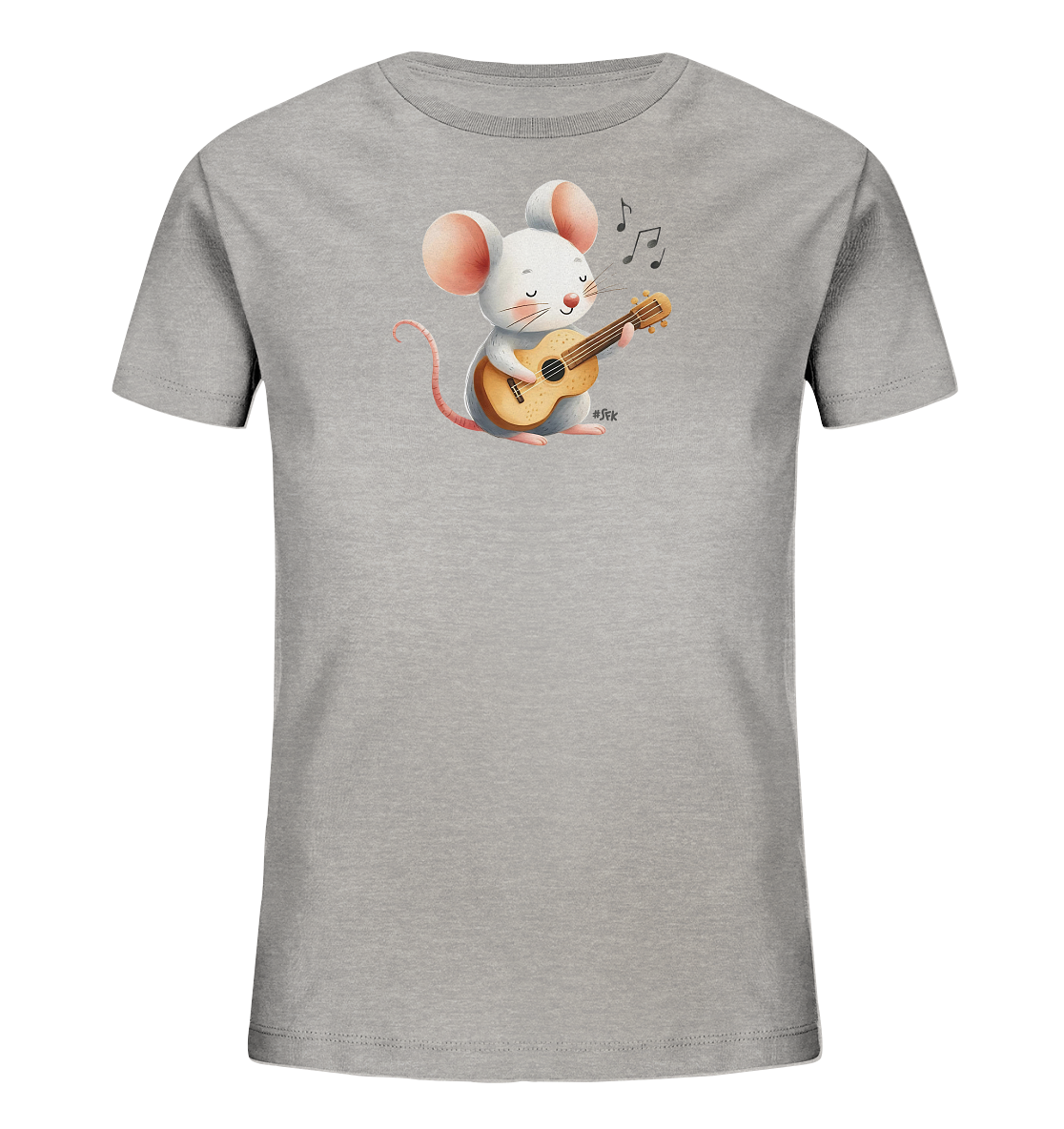 Onlineshop Shirts für Kinder - Das Bild zeigt ein graues T-Shirt für Kinder. Auf der Vorderseite ist eine niedliche Cartoon-Maus mit großen Ohren abgebildet, die eine kleine Gitarre oder Ukulele spielt. Über der Maus schweben drei Musiknoten, die den Eindruck erwecken, sie würde musizieren. Das gesamte Design wirkt freundlich und verspielt, ideal für Kinder.