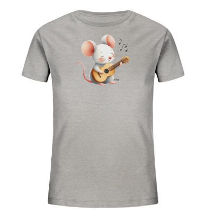 Onlineshop Shirts für Kinder - Das Bild zeigt ein graues T-Shirt für Kinder. Auf der Vorderseite ist eine niedliche Cartoon-Maus mit großen Ohren abgebildet, die eine kleine Gitarre oder Ukulele spielt. Über der Maus schweben drei Musiknoten, die den Eindruck erwecken, sie würde musizieren. Das gesamte Design wirkt freundlich und verspielt, ideal für Kinder.