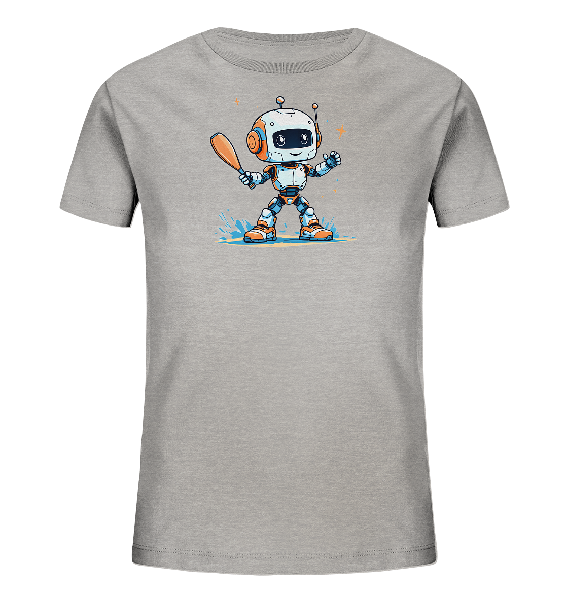 Onlineshop Shirts für Kinder - Das Bild zeigt ein graues Kinder-T-Shirt mit einem farbenfrohen Aufdruck auf der Vorderseite. Das Motiv stellt einen freundlichen, cartoonhaften Roboter dar, der orange, weiß und blau gefärbt ist. Der Roboter hält einen Baseballschläger in seiner Hand und steht in einer dynamischen Pose, umgeben von Wasserspritzern und Sternen. Dieses Design verleiht dem Shirt einen sportlichen und fröhlichen Charakter, der gut für Kinder geeignet ist.