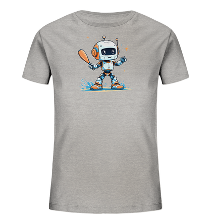 Onlineshop Shirts für Kinder - Das Bild zeigt ein graues Kinder-T-Shirt mit einem farbenfrohen Aufdruck auf der Vorderseite. Das Motiv stellt einen freundlichen, cartoonhaften Roboter dar, der orange, weiß und blau gefärbt ist. Der Roboter hält einen Baseballschläger in seiner Hand und steht in einer dynamischen Pose, umgeben von Wasserspritzern und Sternen. Dieses Design verleiht dem Shirt einen sportlichen und fröhlichen Charakter, der gut für Kinder geeignet ist.