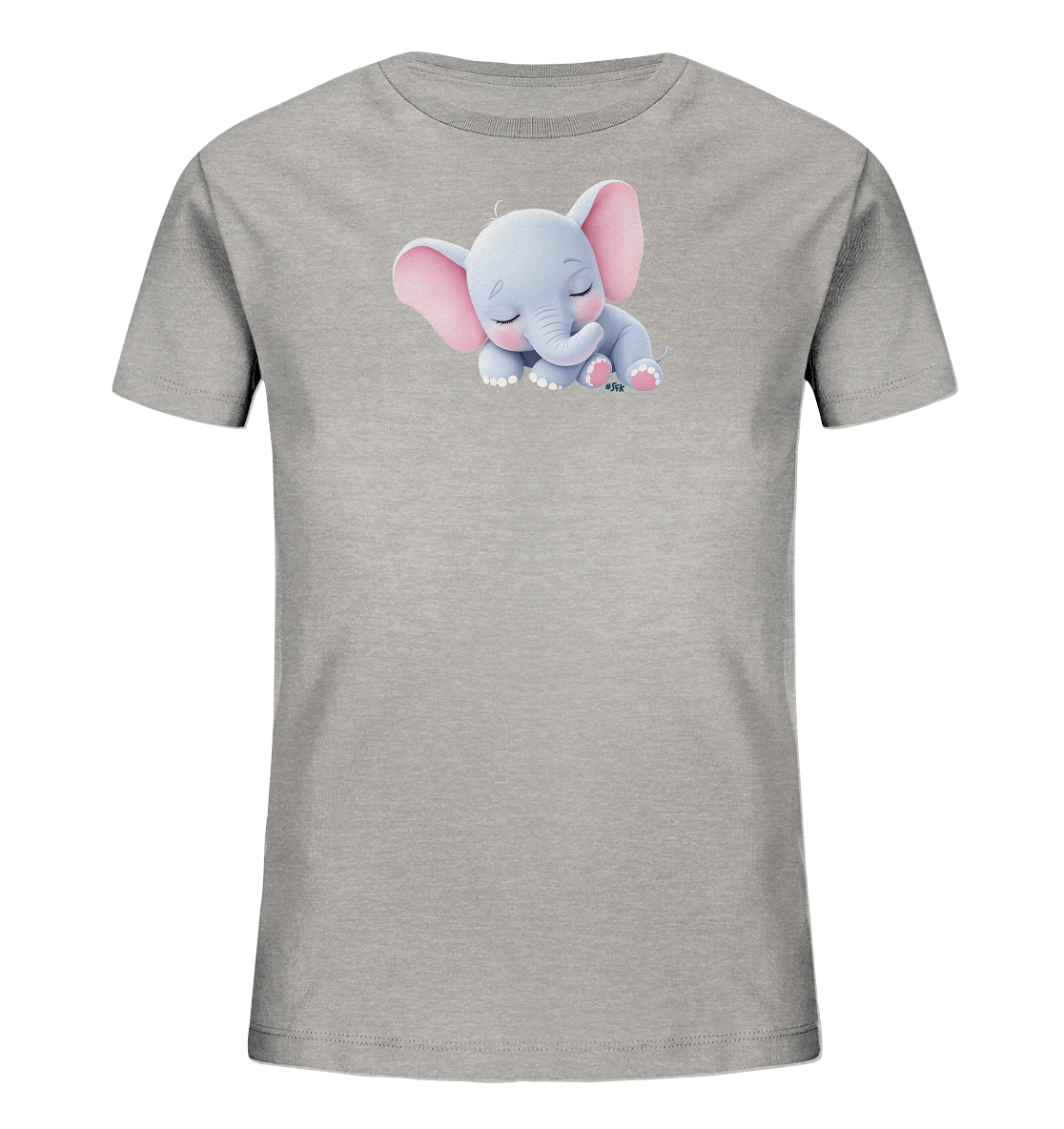 Onlineshop Shirts fuer Kinder - Das Bild zeigt ein graues T-Shirt fuer Kinder. Auf der Vorderseite ist ein niedliches, hellblaues Elefantenmotiv abgebildet. Der Elefant hat rosa Ohren und ist mit geschlossenen Augen dargestellt, was einen friedlichen Eindruck vermittelt. Das Design ist verspielt und ideal fuer Kinder.