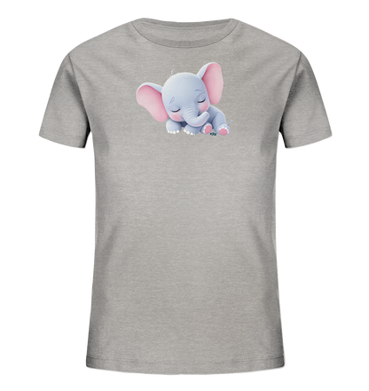 Onlineshop Shirts fuer Kinder - Das Bild zeigt ein graues T-Shirt fuer Kinder. Auf der Vorderseite ist ein niedliches, hellblaues Elefantenmotiv abgebildet. Der Elefant hat rosa Ohren und ist mit geschlossenen Augen dargestellt, was einen friedlichen Eindruck vermittelt. Das Design ist verspielt und ideal fuer Kinder.