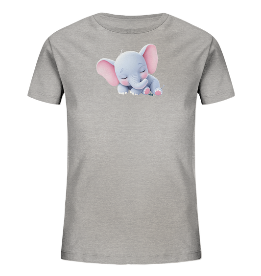 Onlineshop Shirts fuer Kinder - Das Bild zeigt ein graues T-Shirt fuer Kinder. Auf der Vorderseite ist ein niedliches, hellblaues Elefantenmotiv abgebildet. Der Elefant hat rosa Ohren und ist mit geschlossenen Augen dargestellt, was einen friedlichen Eindruck vermittelt. Das Design ist verspielt und ideal fuer Kinder.