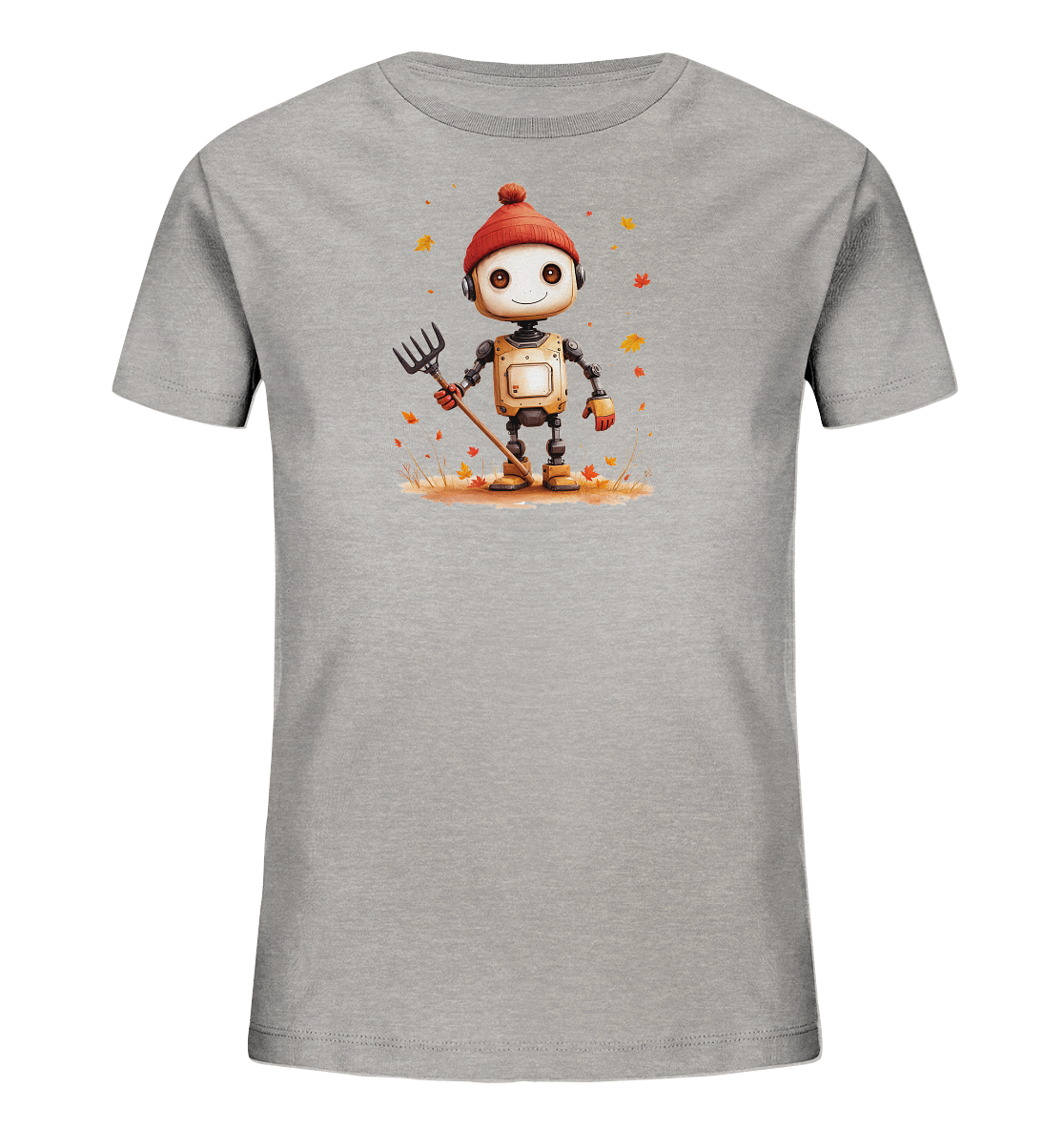 Onlineshop Shirts für Kinder - Das Bild zeigt ein hellgraues Kinder-T-Shirt mit einer Illustration in der Mitte. Die Illustration stellt einen freundlichen, cartoonartigen Roboter dar, der eine rote Mütze trägt und einen Rechen hält. Er steht auf einem mit herabgefallenen Herbstblättern bedeckten Boden, wobei weitere Blätter in der Luft zu sehen sind. Das Design vermittelt eine fröhliche, herbstliche Stimmung und ist in warmen Farbtönen gehalten.