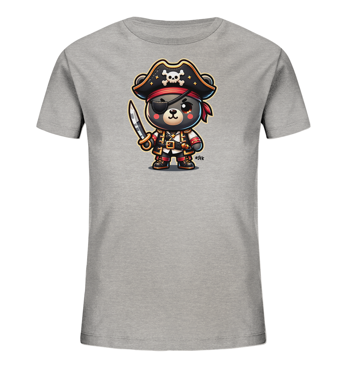 Onlineshop Shirts fuer Kinder - Das Bild zeigt ein graues Kinder T-Shirt mit einer niedlichen Cartoon-Grafik. Zu sehen ist ein Baer, der als Pirat verkleidet ist, komplett mit Piratenhut, Augenklappe und einem kleinen Saebel. Das detailreiche Kostuem verleiht dem Design einen verspielten und abenteuerlichen Look. Die Illustration ist zentral auf dem Shirt platziert und wirkt sehr ansprechend.