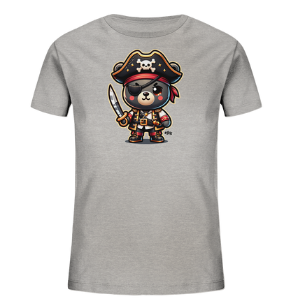Onlineshop Shirts fuer Kinder - Das Bild zeigt ein graues Kinder T-Shirt mit einer niedlichen Cartoon-Grafik. Zu sehen ist ein Baer, der als Pirat verkleidet ist, komplett mit Piratenhut, Augenklappe und einem kleinen Saebel. Das detailreiche Kostuem verleiht dem Design einen verspielten und abenteuerlichen Look. Die Illustration ist zentral auf dem Shirt platziert und wirkt sehr ansprechend.