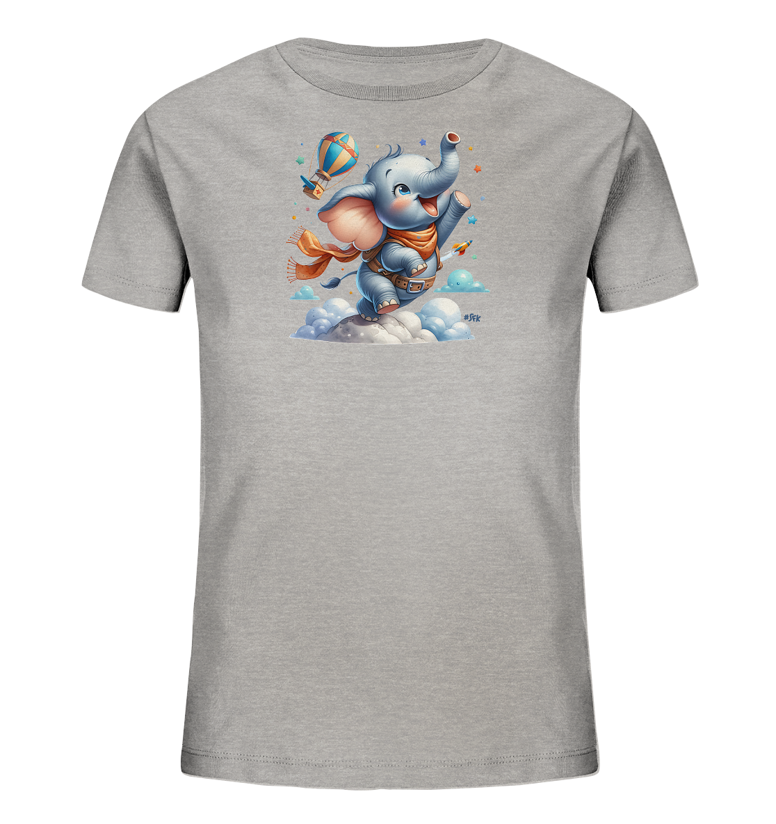 Onlineshop Shirts fuer Kinder - Dieses graue Kinder-T-Shirt zeigt eine froehliche Illustration eines Elefanten, der auf Wolken fliegt. Der Elefant traegt einen Schal und wird von einem bunten Heissluftballon begleitet. Sterne und kleine Raketen umgeben ihn und deuten auf ein Abenteuer hin. Das Design ist farbenfroh und ansprechend gestaltet.