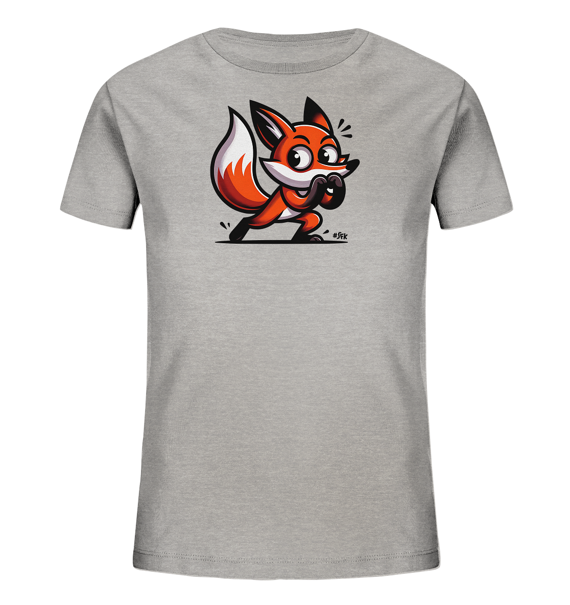 Onlineshop Shirts fuer Kinder - Das Bild zeigt ein graues Kinder-T-Shirt mit einem aufgedruckten, verspielten Fuchsmotiv. Der Fuchs hat leuchtend orangefarbenes Fell, grosse Augen und eine aufrechte Haltung. Er scheint bereit zu sein zu springen und hat einen neugierigen Ausdruck. Das Design ist farbenfroh und hat einen dynamischen, cartoonhaften Stil.