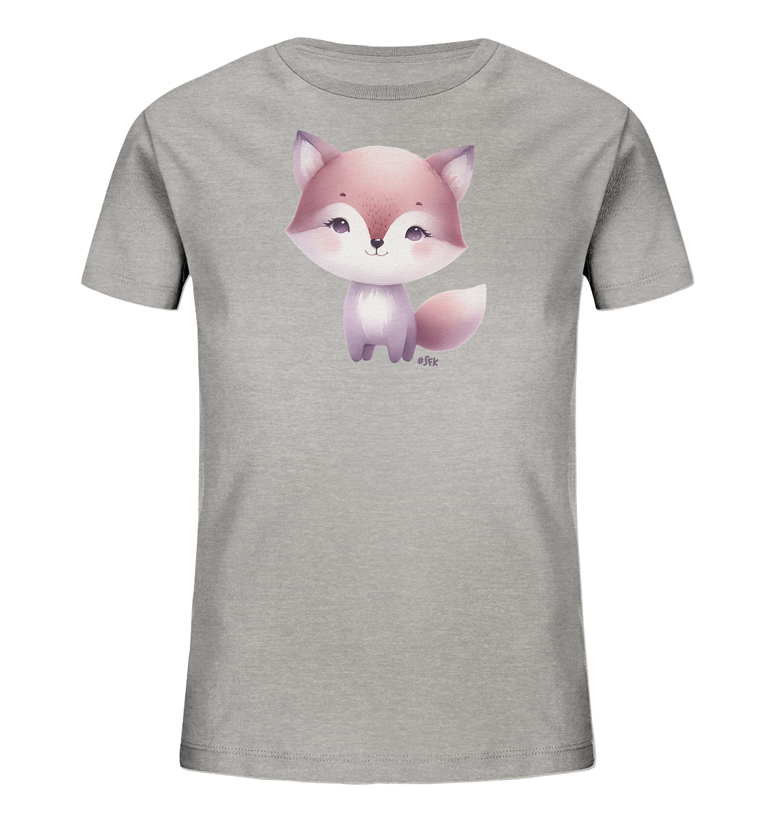Onlineshop Shirts fuer Kinder - Das Bild zeigt ein graues Kinder-T-Shirt mit einer suessen Illustration eines Fuchses auf der Vorderseite. Der Fuchs hat rosa-lila Fell und grosse Augen, sitzt aufrecht und laechelt freundlich. Dieses Design verleiht dem Shirt einen verspielten und ansprechenden Look fuer Kinder.