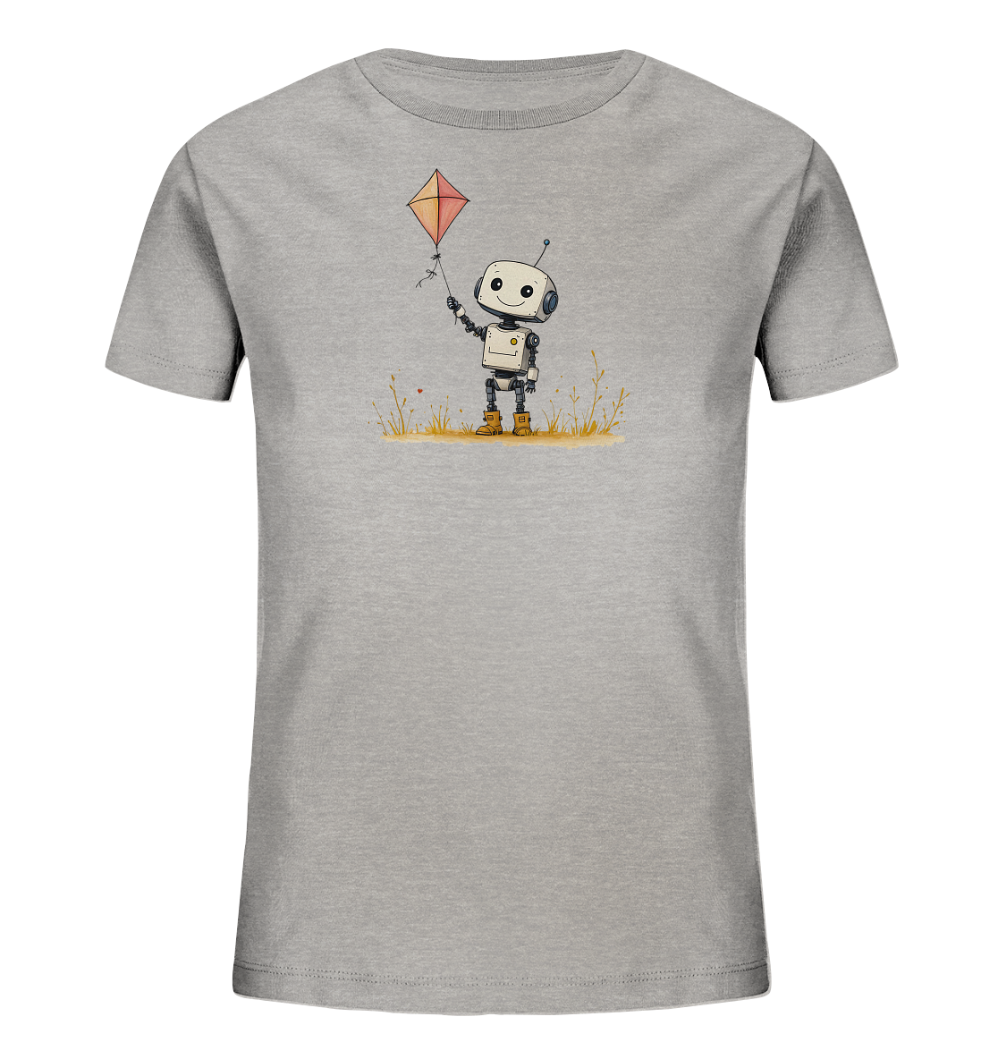 Onlineshop Shirts für Kinder - Das Bild zeigt ein graues Kinder-T-Shirt mit einem Aufdruck auf der Vorderseite. Die Illustration zeigt einen kleinen, freundlich aussehenden Roboter mit großen Augen und einer Antenne. Der Roboter steht in einer stilisierten Wiese und hält einen roten, rautenförmigen Drachen in der Hand. Kleine Akzente wie Grashalme und winzige rote Elemente ergänzen das verspielte Design.