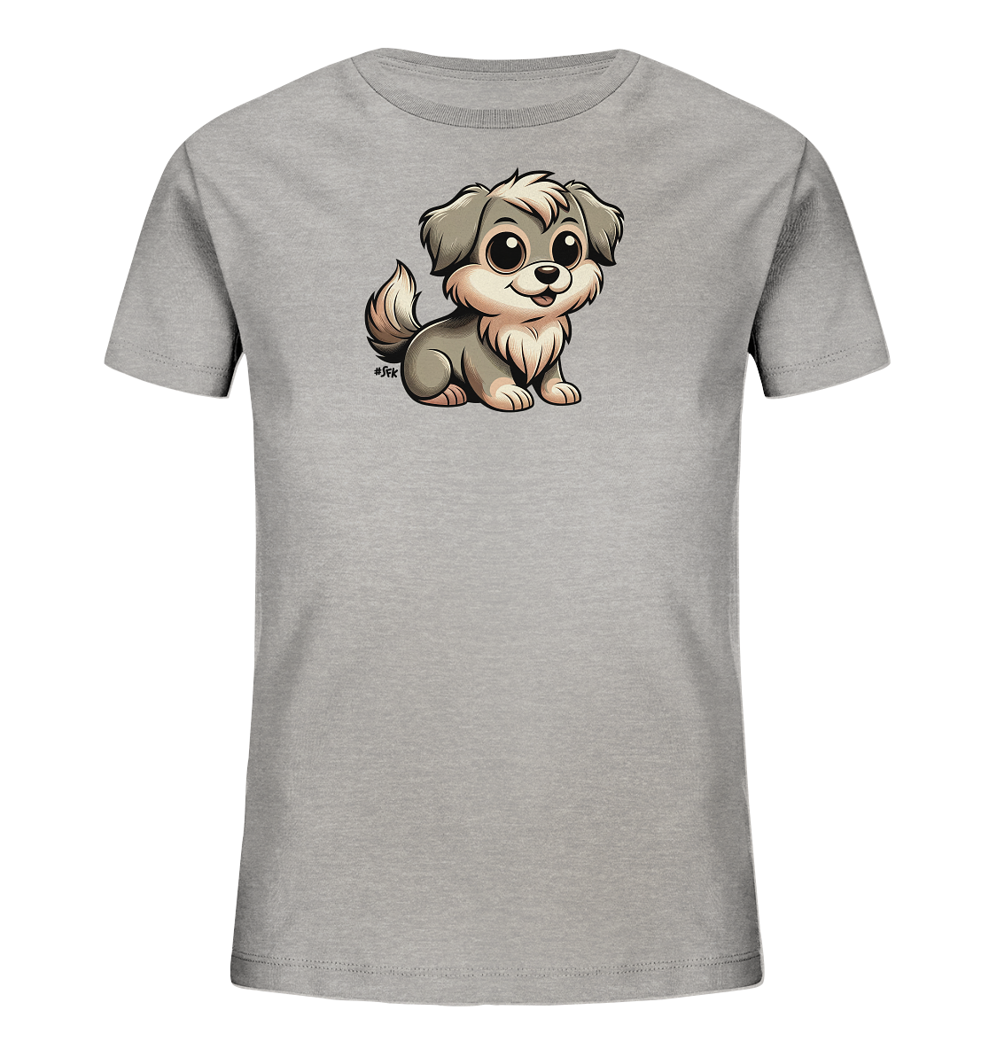 Onlineshop Shirts fuer Kinder - Das Bild zeigt ein graues Kinder-T-Shirt mit einer liebevollen Cartoon-Grafik auf der Vorderseite. Abgebildet ist ein kleiner, flauschiger Hund mit grossen, freundlichen Augen und einem Laecheln. Der Hund hat graues Fell mit hellbraunen Akzenten und sitzt aufrecht. Das Design wirkt froehlich und ansprechend fuer Kinder.