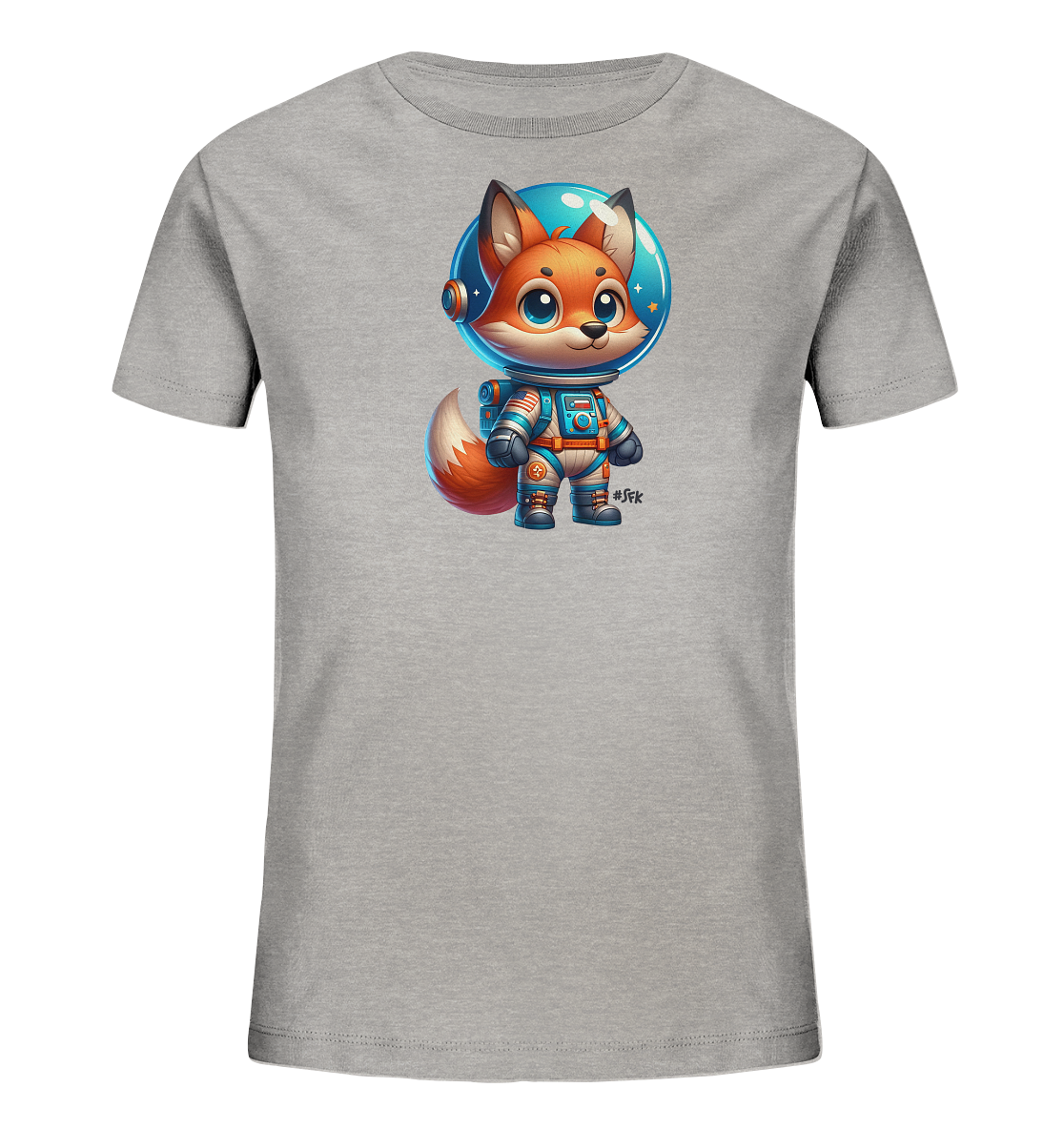 Onlineshop Shirts fuer Kinder - Das graue T-Shirt zeigt einen entzueckenden Cartoon-Fuchs in einem Astronautenanzug. Der Fuchs traegt einen blauen Raumanzug mit orangefarbenen Details und einen runden Helm, in dem kleine Sterne schweben. Das Motiv ist kindgerecht und farbenfroh gestaltet.