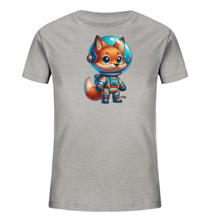 Onlineshop Shirts fuer Kinder - Das graue T-Shirt zeigt einen entzueckenden Cartoon-Fuchs in einem Astronautenanzug. Der Fuchs traegt einen blauen Raumanzug mit orangefarbenen Details und einen runden Helm, in dem kleine Sterne schweben. Das Motiv ist kindgerecht und farbenfroh gestaltet.