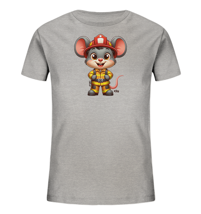 Onlineshop Shirts fuer Kinder - Das Bild zeigt ein graues Kinder-T-Shirt mit einer niedlichen Comic-Maus als Motiv auf der Vorderseite. Die Maus traegt eine vollstaendige Feuerwehrmann-Uniform mit rotem Helm und gelber Kleidung. Sie steht aufrecht mit ihren Pfoten an der Huefte und hat einen freundlichen, laechelnden Ausdruck. Das detailreiche Design ist zentral auf dem Shirt platziert und in lebendigen Farben gehalten.