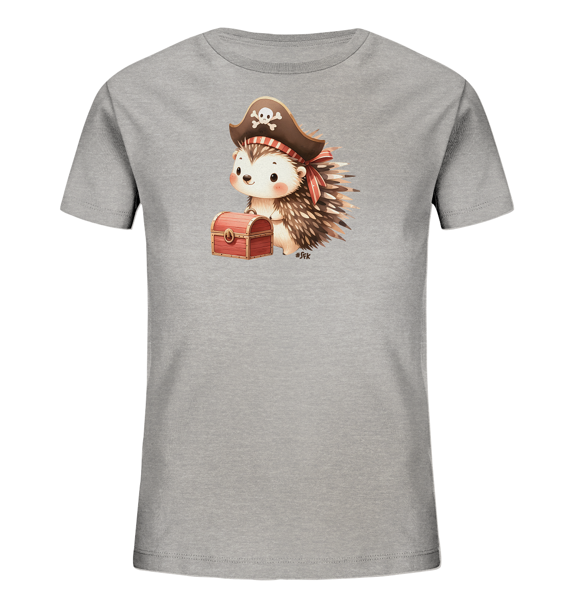 Onlineshop Shirts fuer Kinder - Das Bild zeigt ein graues Kinder-T-Shirt mit einem niedlichen Motiv eines Igels im Piratenkostuem. Der Igel traegt einen Piratenhut mit Totenkopf und haelt eine kleine Schatztruhe in seinen Pfoten. Das verspielte Design umfasst warme Brauntoene, rote Akzente und ist ideal fuer kleine Abenteurer.