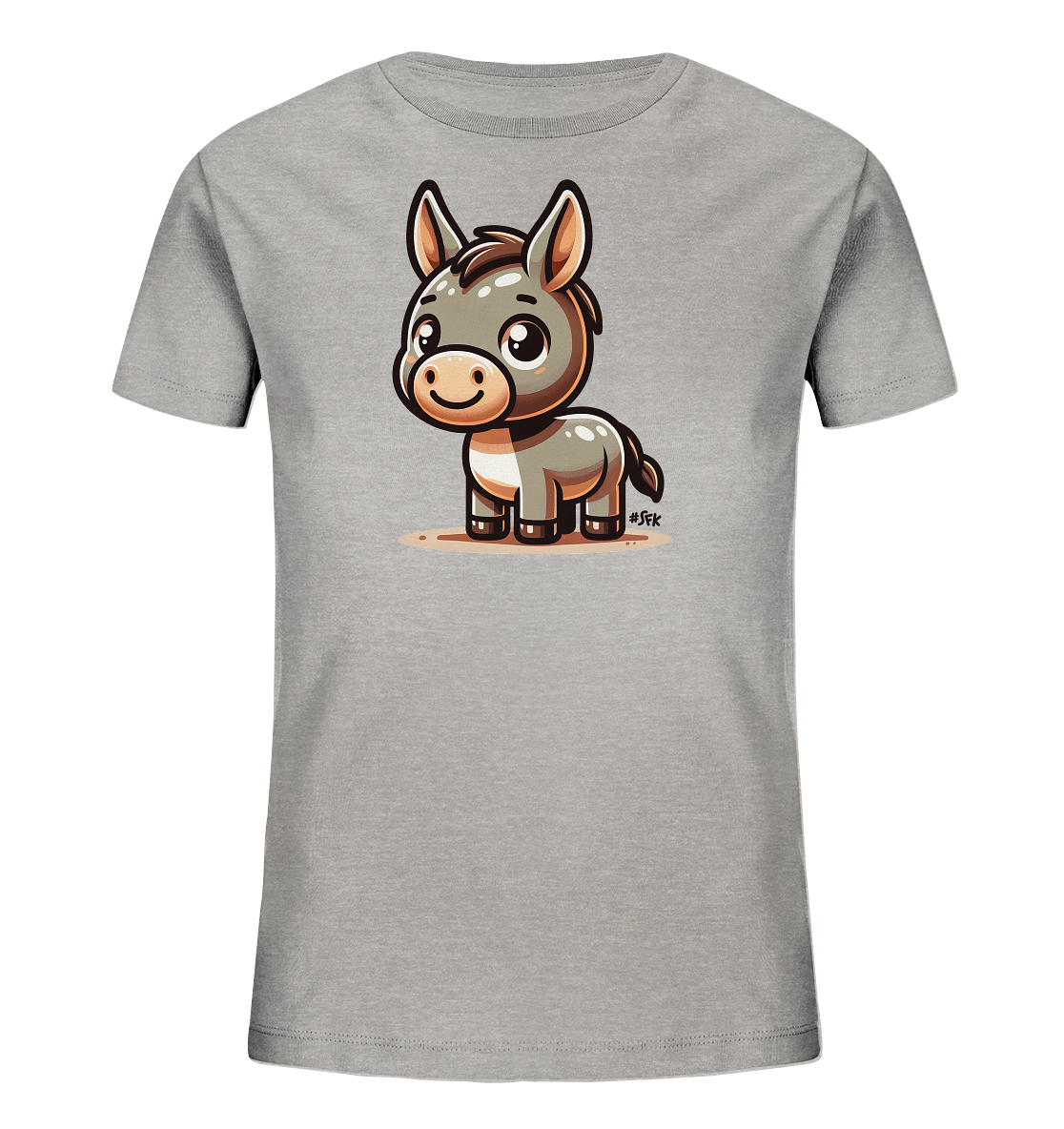 Onlineshop Shirts fuer Kinder - Das Bild zeigt ein graues T-Shirt fuer Kinder mit einer niedlichen Cartoon-Illustration eines kleinen Esels auf der Vorderseite. Der Esel hat grosse Augen und einen freundlichen Ausdruck. Er ist in braun-grauen Toenen mit weissen Akzenten dargestellt. Dieses Design ist verspielt und ansprechend.