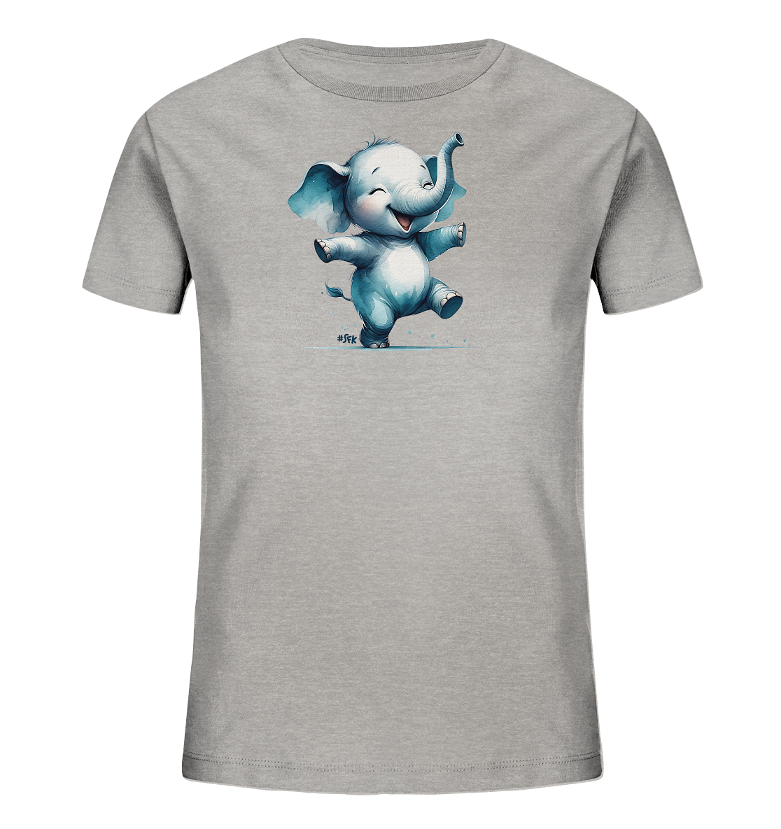 Onlineshop Shirts fuer Kinder - Das Bild zeigt ein graues Kinder-T-Shirt mit einer Illustration eines niedlichen, tanzenden Elefanten. Der Elefant ist in Blautoenen gehalten, hat grosse Ohren und einen froehlichen Ausdruck. Kleine Wassertropfen umgeben die Figur und unterstreichen die spielerische Bewegung. Das Design verleiht dem Shirt einen lustigen und ansprechenden Charakter.