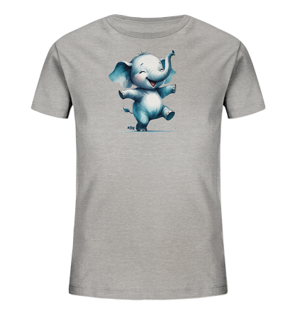 Onlineshop Shirts fuer Kinder - Das Bild zeigt ein graues Kinder-T-Shirt mit einer Illustration eines niedlichen, tanzenden Elefanten. Der Elefant ist in Blautoenen gehalten, hat grosse Ohren und einen froehlichen Ausdruck. Kleine Wassertropfen umgeben die Figur und unterstreichen die spielerische Bewegung. Das Design verleiht dem Shirt einen lustigen und ansprechenden Charakter.