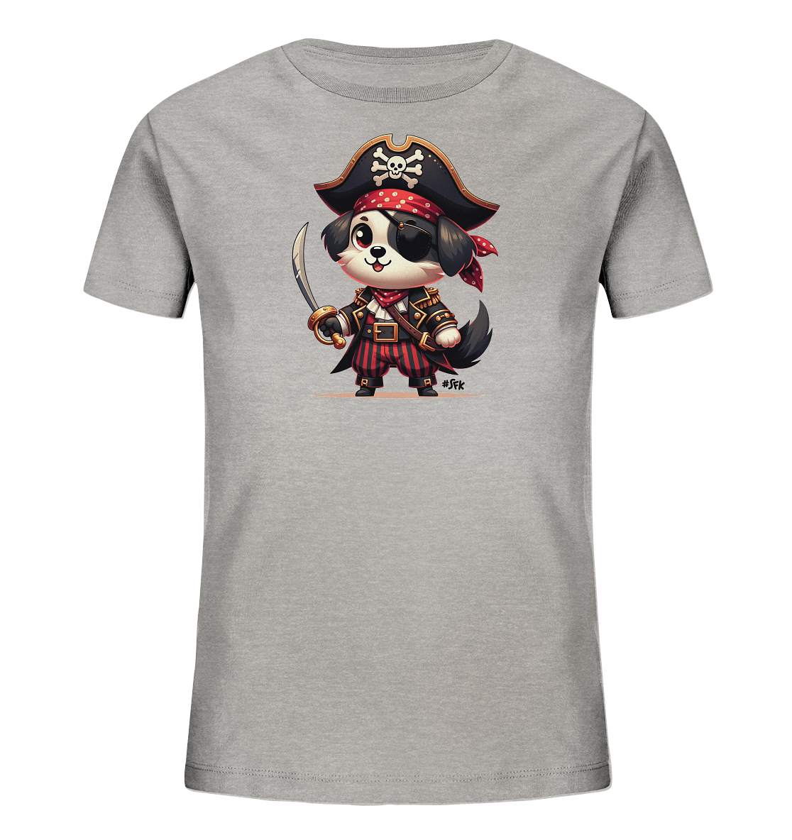 Kinder T-Shirt mit Cartoon-Piratenhund, Augenklappe, Hut und Säbel