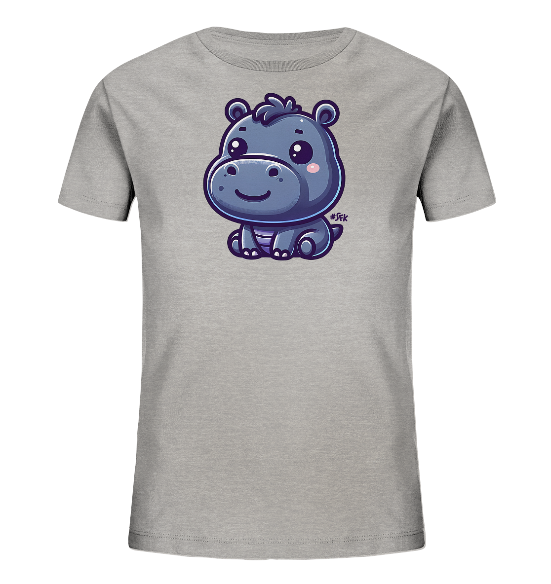 Onlineshop Shirts fuer Kinder - Das Bild zeigt ein graues T-Shirt fuer Kinder mit einer niedlichen Grafik auf der Vorderseite. Abgebildet ist ein sitzendes, blau-lila Cartoon-Nilpferd mit rosa Wangen. Das Nilpferd hat grosse Augen und einen freundlichen Ausdruck. Dieses verspielte Motiv eignet sich hervorragend fuer Kindermode.